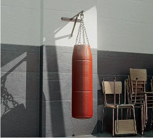 Un sac de frappe rouge suspendu dans un gymnase, avec des chaises empilées à droite à Salbris en Loir-et-Cher 41